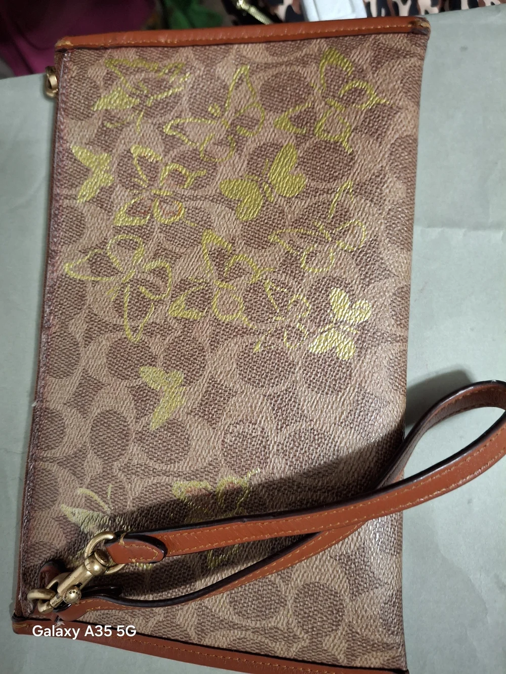 Coach Brown Leather Wristlet with Gold Butterfly Print Custom Paint